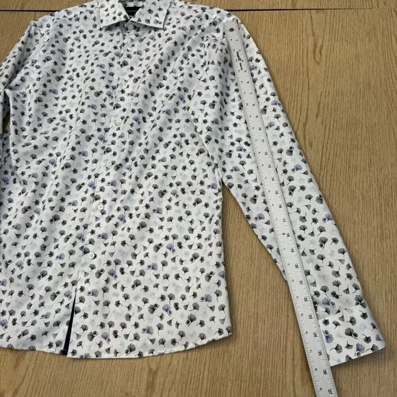 Paul Fredrick Slim Dress Shirt 15 White Blue Ginkgo Floral Flip Cuff Long Sleeve - Picture 8 of 10